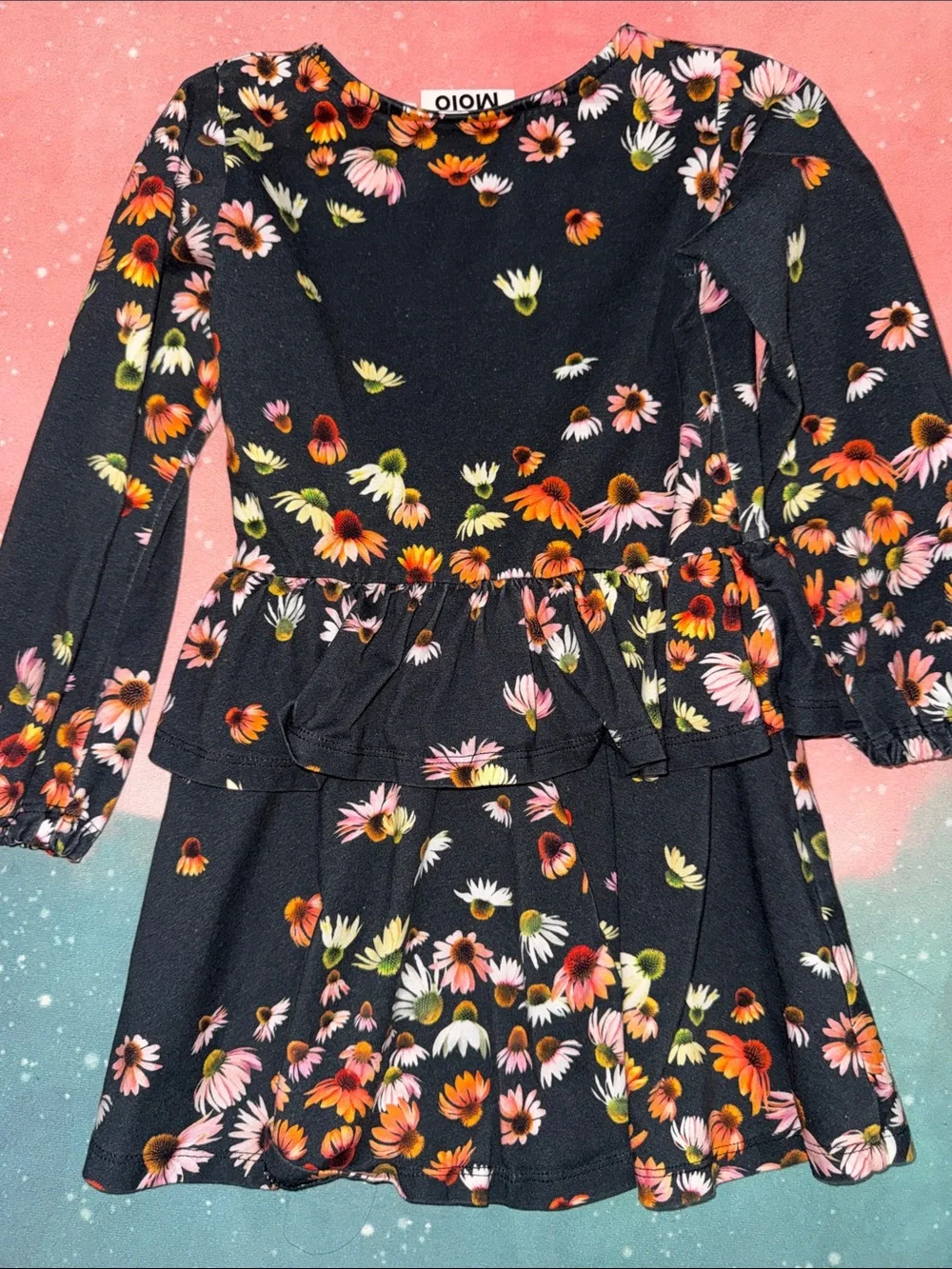 Molo Floral Peplum tiered Dress Pink and Orange Daisies girl 3 4 98 104 organic